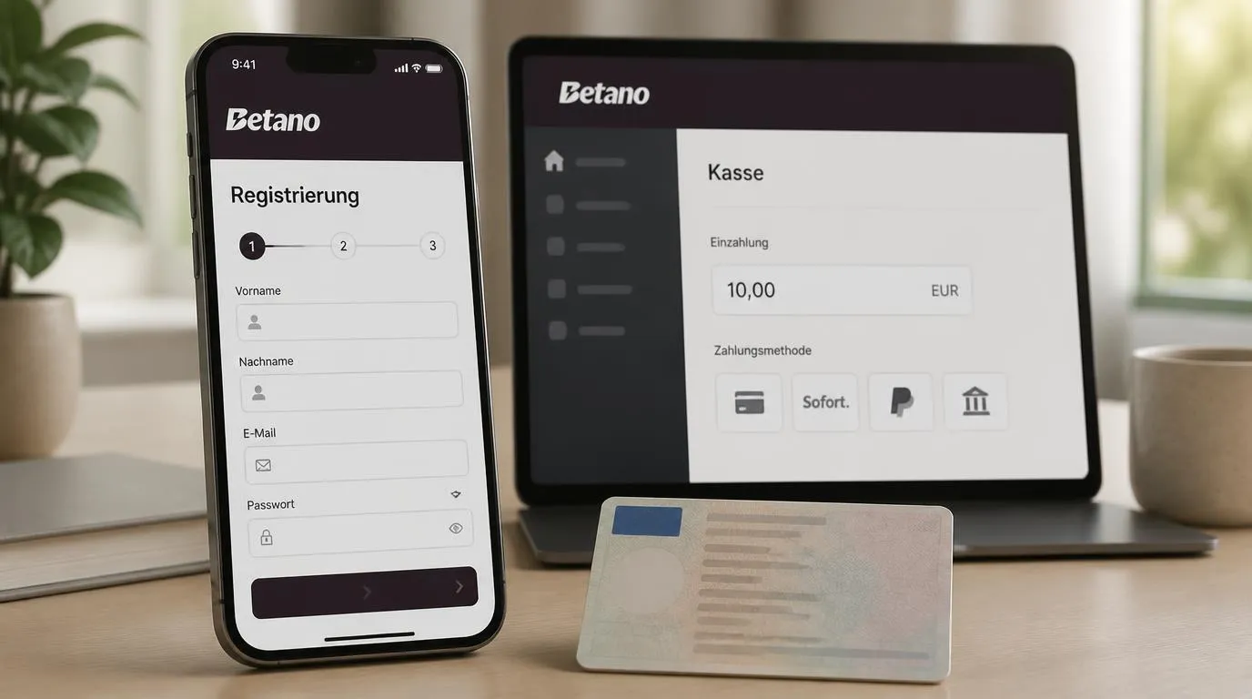 Smartphone mit Registrierungsformular neben Ausweis und geöffneter Einzahlungskasse