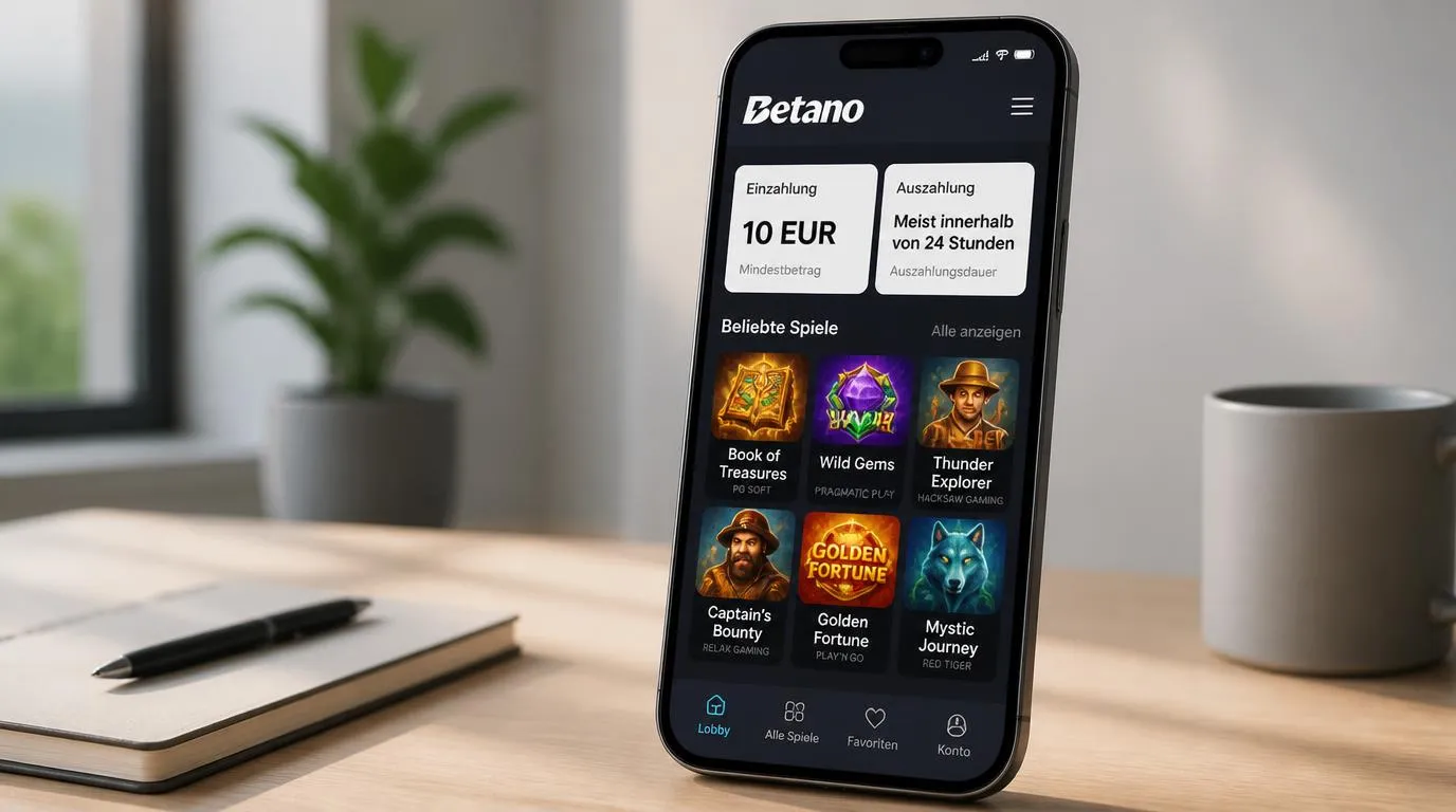 Smartphone mit Casinoansicht, 10 EUR Mindesteinzahlung und Hinweis auf Auszahlungen meist innerhalb von 24 Stunden