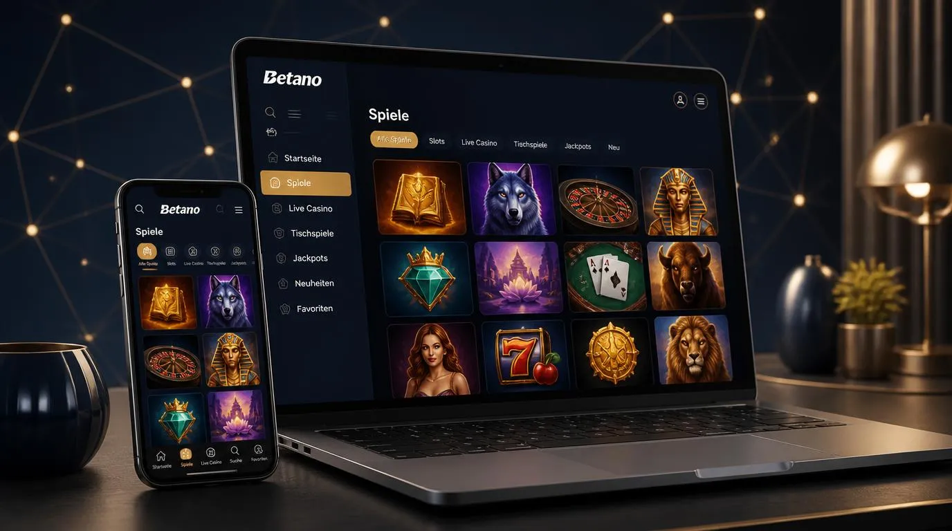 Casino-Oberfläche auf Smartphone und Laptop mit übersichtlicher Spieleauswahl